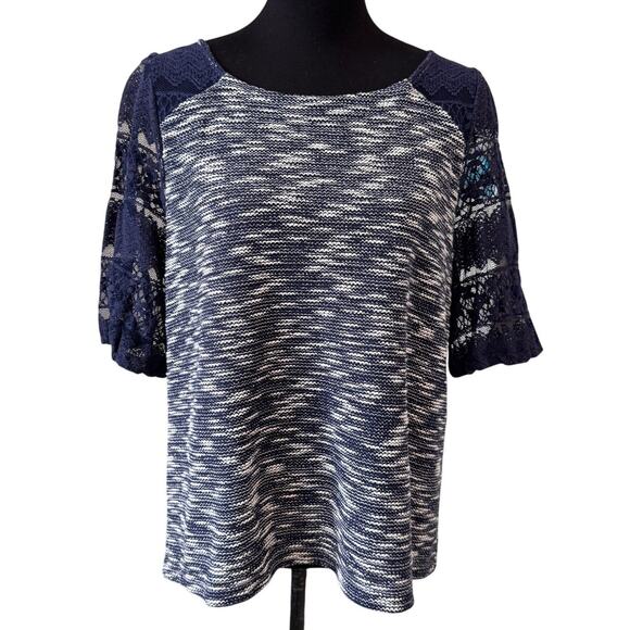 New ANTHROPOLOGIE Women's Navy Postmark Patel Tweed Lace Sleeve Top Size L - Picture 4 of 9